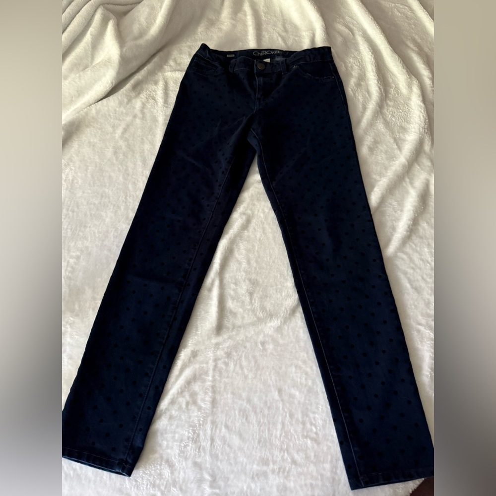 Cherokee Girls Dark Denim Black Polka Dots Stretch Jeggings 16